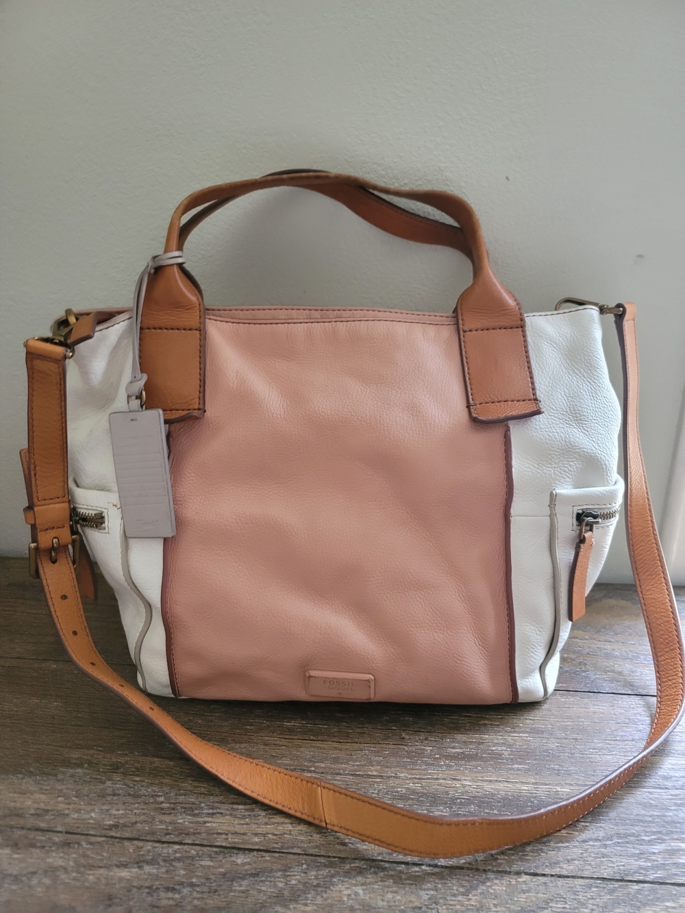 Fossil Emerson Handbag Shoulder Bag Purse Cowhide Tan Brown  White .